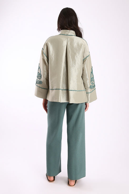 Reversible straight leg pants in cotton blend jacquard